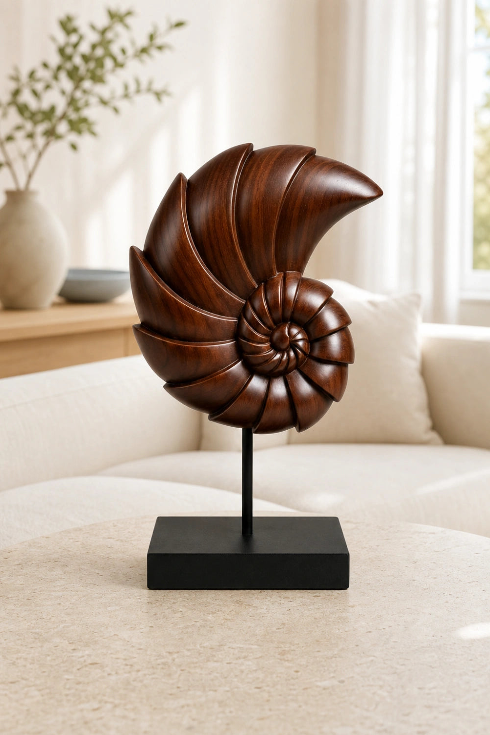Carved Wood Nautilus Shell Sculpture | Fibonacci Ocean Art Decor