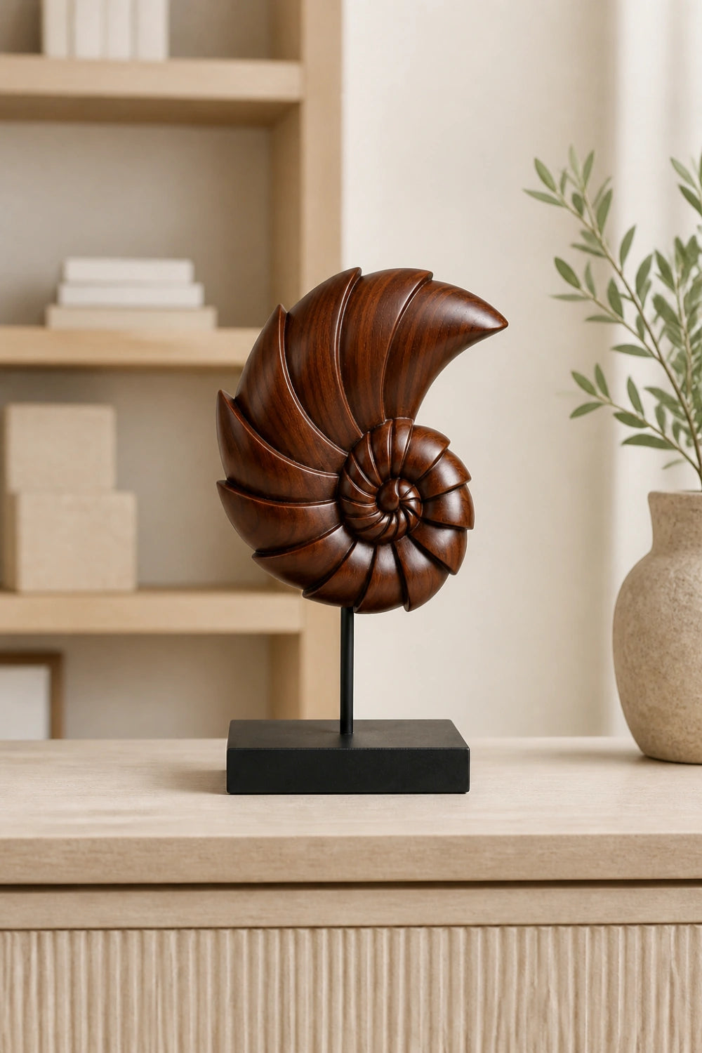 Carved Wood Nautilus Shell Sculpture | Fibonacci Ocean Art Decor