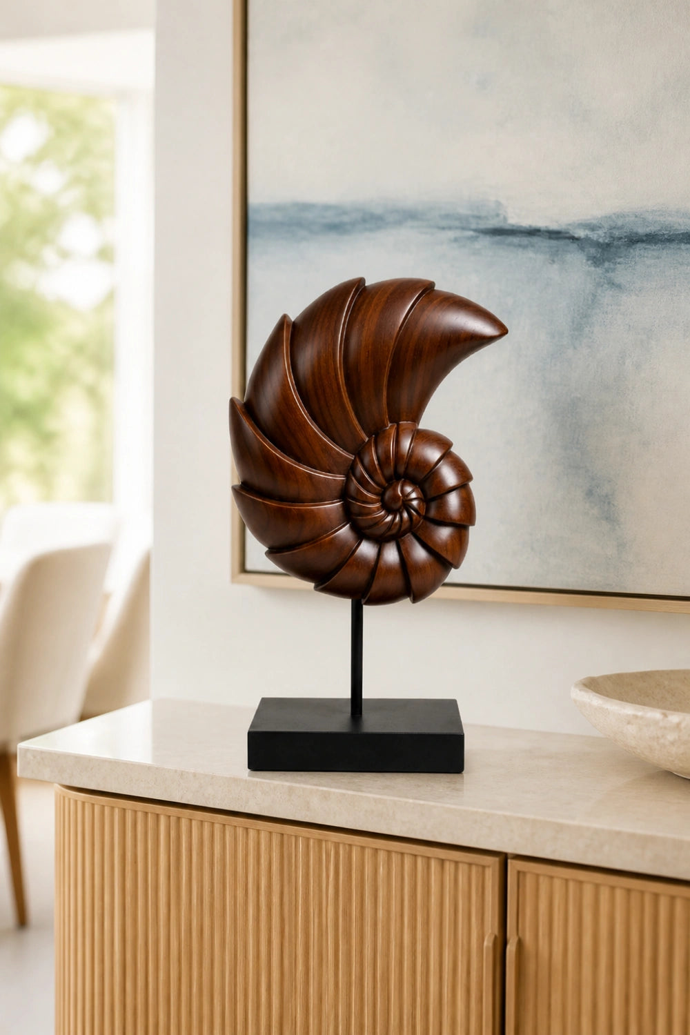 Carved Wood Nautilus Shell Sculpture | Fibonacci Ocean Art Decor