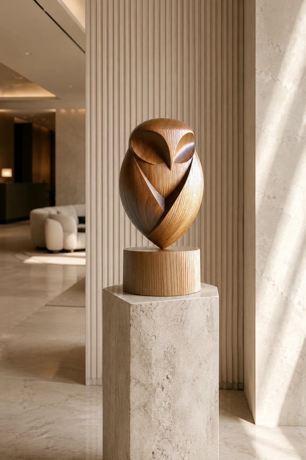 Modernist Wood Owl Sculpture | Pedestal Animal Statue | Organic Mantle Decor