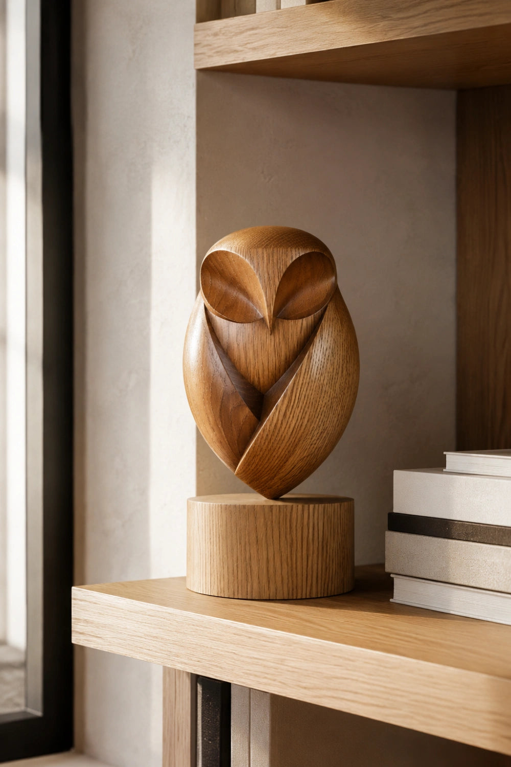 Modernist Wood Owl Sculpture | Pedestal Animal Statue | Organic Mantle Decor