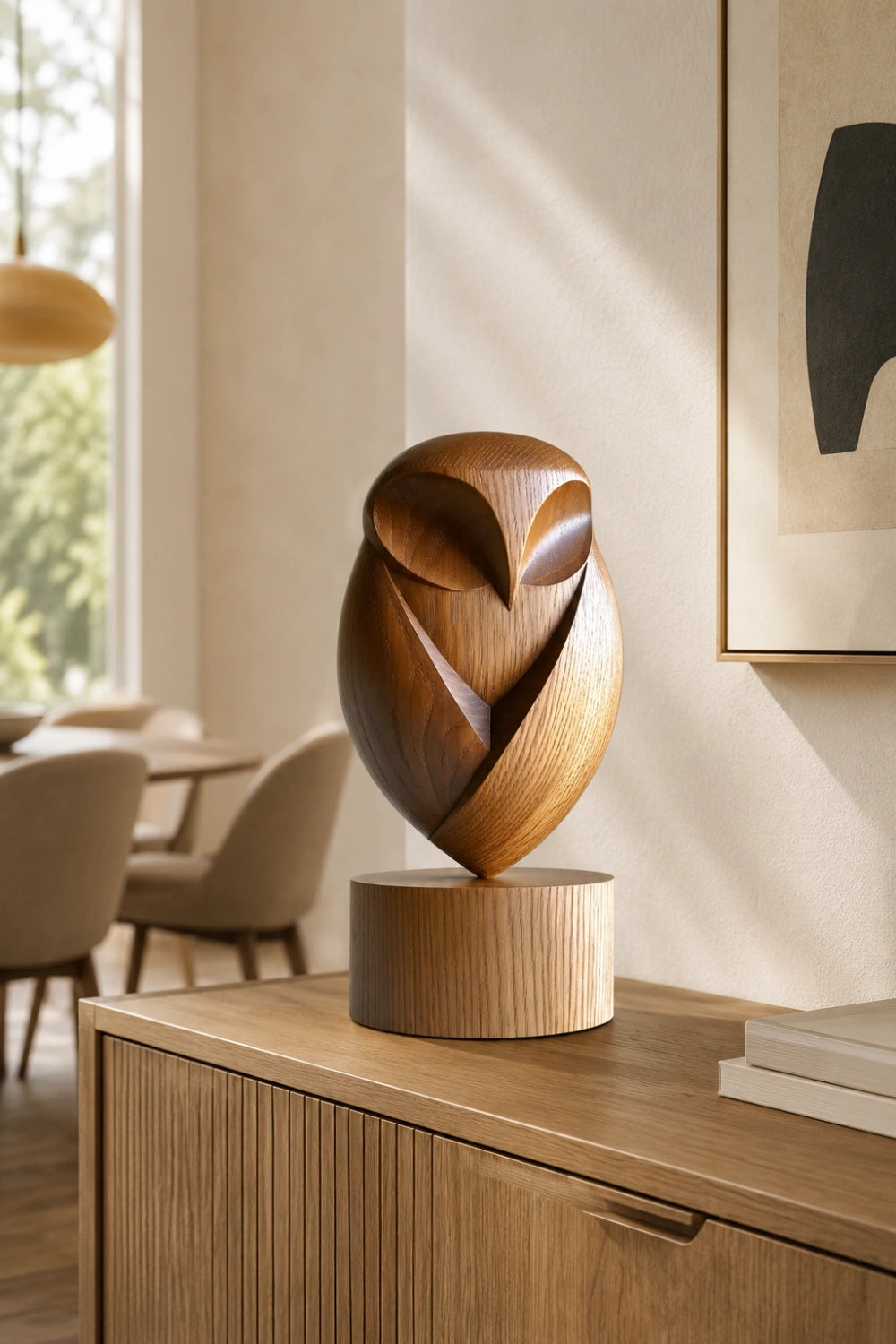 Modernist Wood Owl Sculpture | Pedestal Animal Statue | Organic Mantle Decor