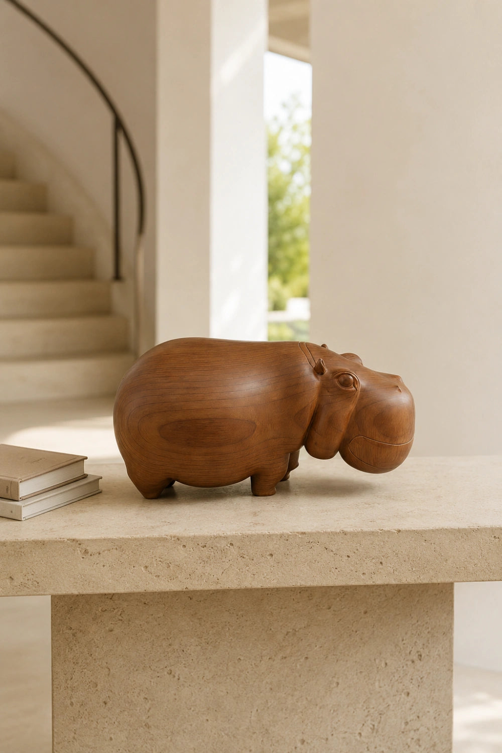 Carved Wood Hippo Figurine | Teak Animal Sculpture | Mid-Century Home Decor