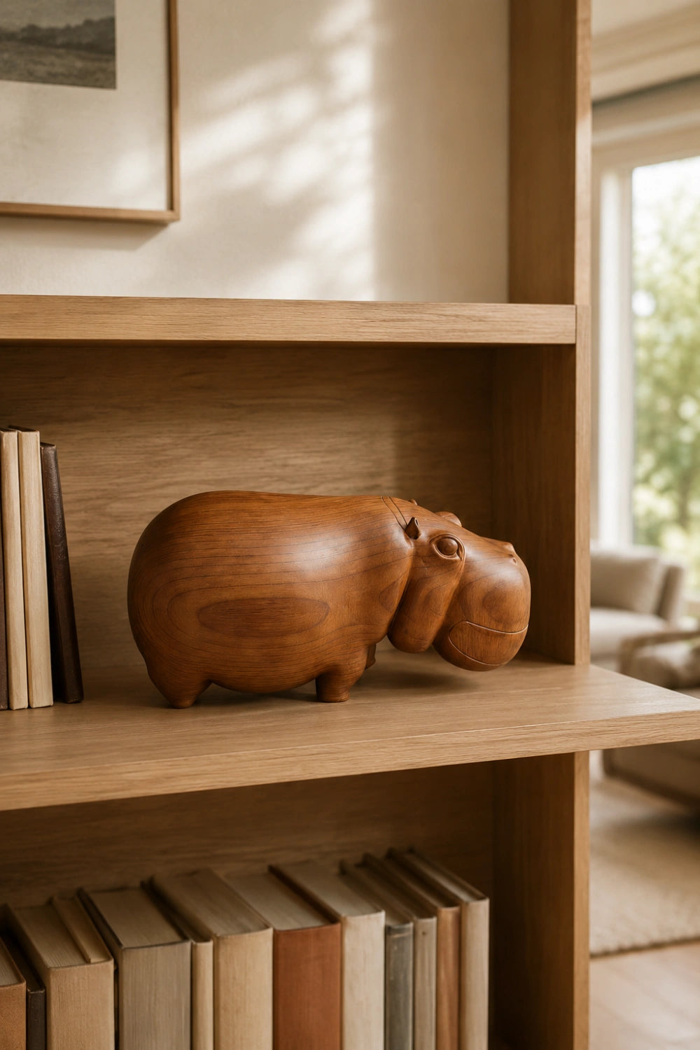 Carved Wood Hippo Figurine | Teak Animal Sculpture | Mid-Century Home Decor