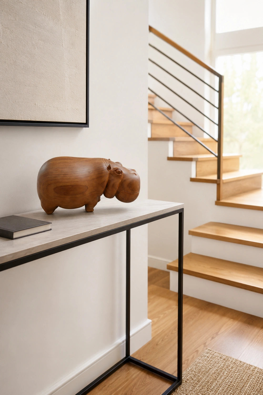 Carved Wood Hippo Figurine | Teak Animal Sculpture | Mid-Century Home Decor