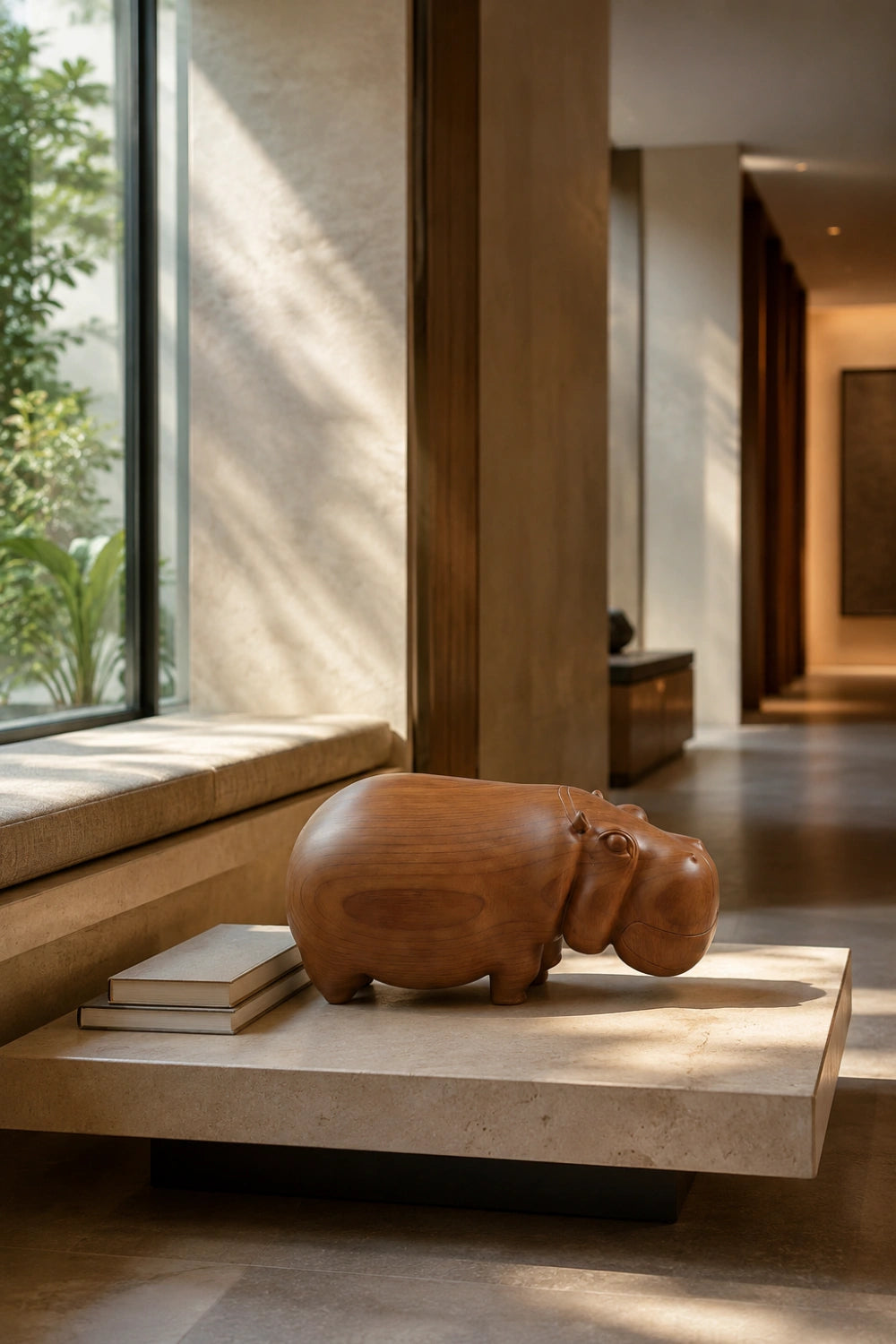 Carved Wood Hippo Figurine | Teak Animal Sculpture | Mid-Century Home Decor