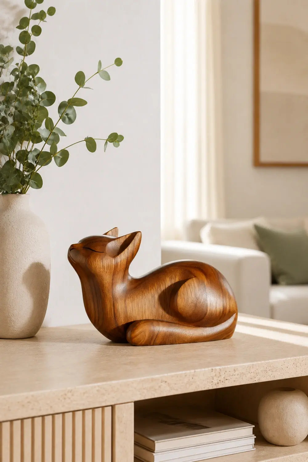 Hand Carved Wooden Cat Sculpture | Charming Feline Decor Gift