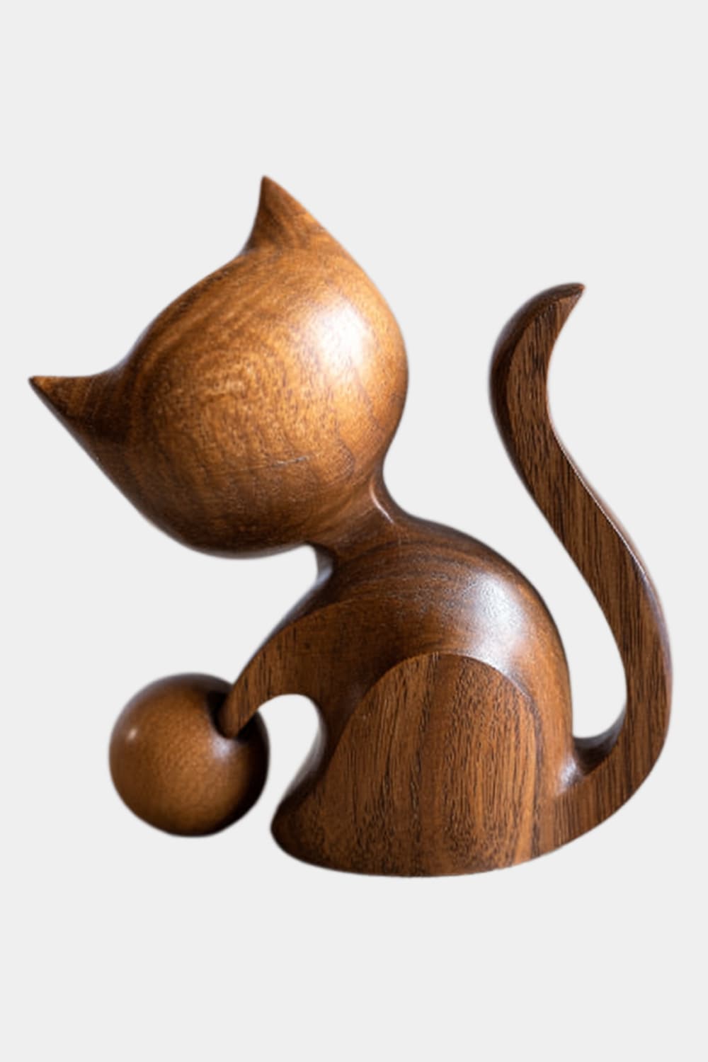 Carved Wooden Cat Figurine With Ball | Playful Decor Gift