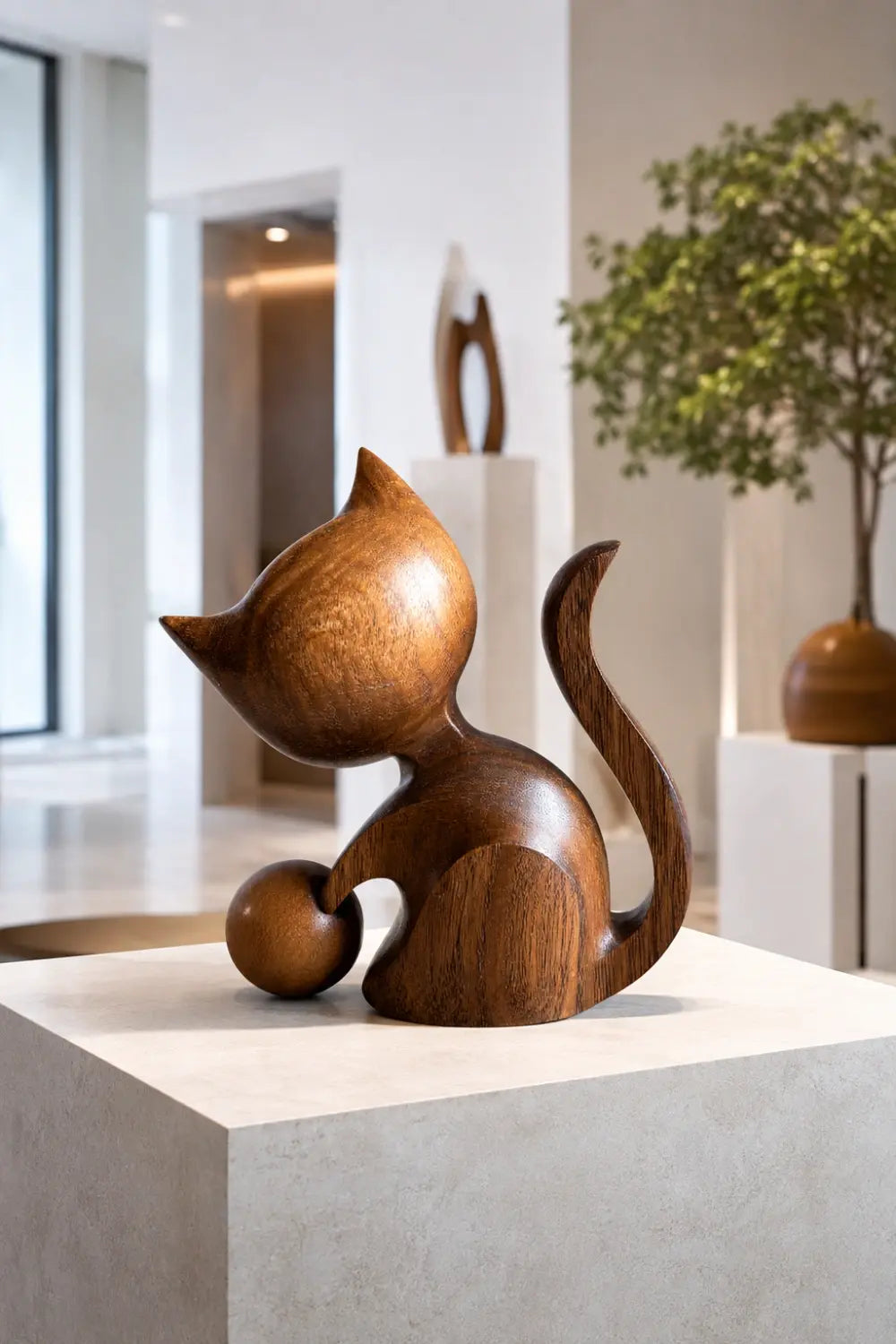 Carved Wooden Cat Figurine With Ball | Playful Decor Gift