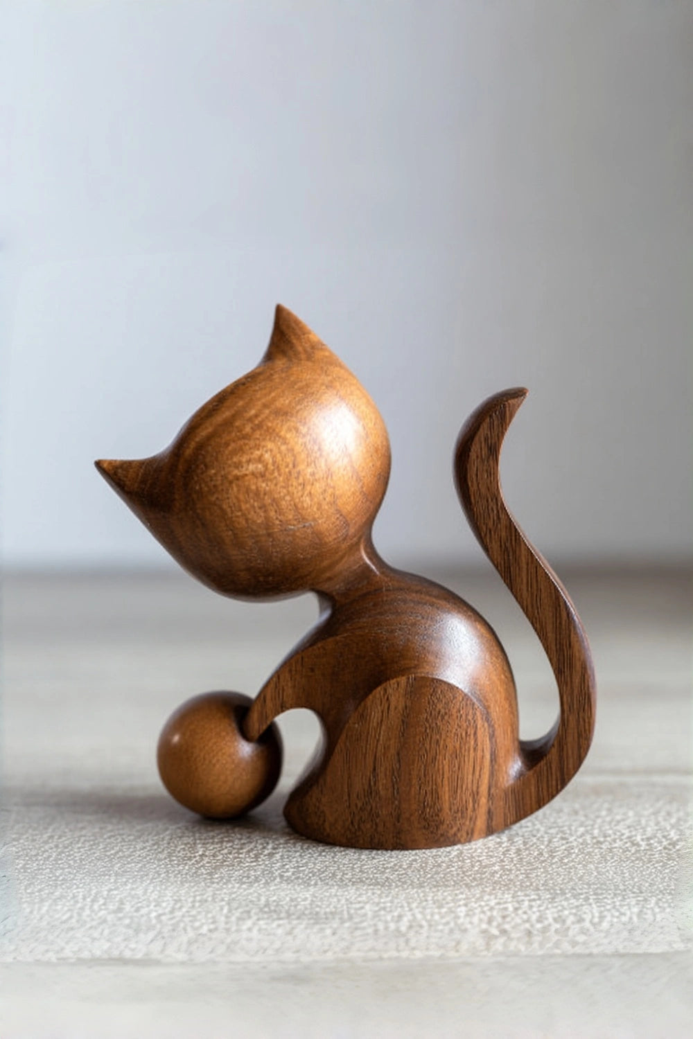 Carved Wooden Cat Figurine With Ball | Playful Decor Gift