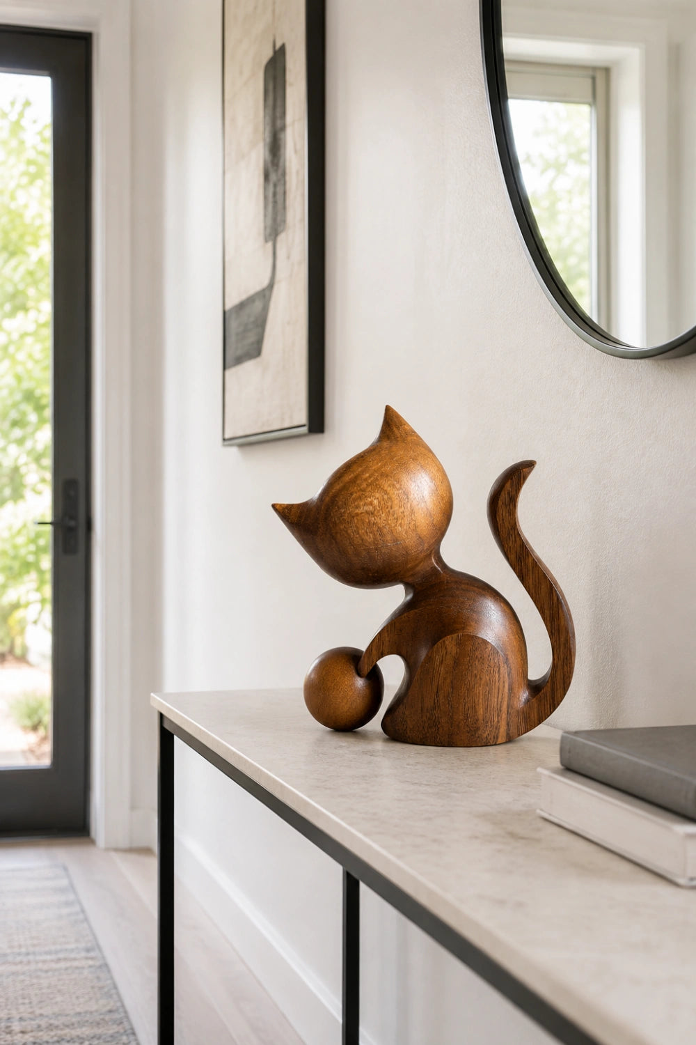 Carved Wooden Cat Figurine With Ball | Playful Decor Gift