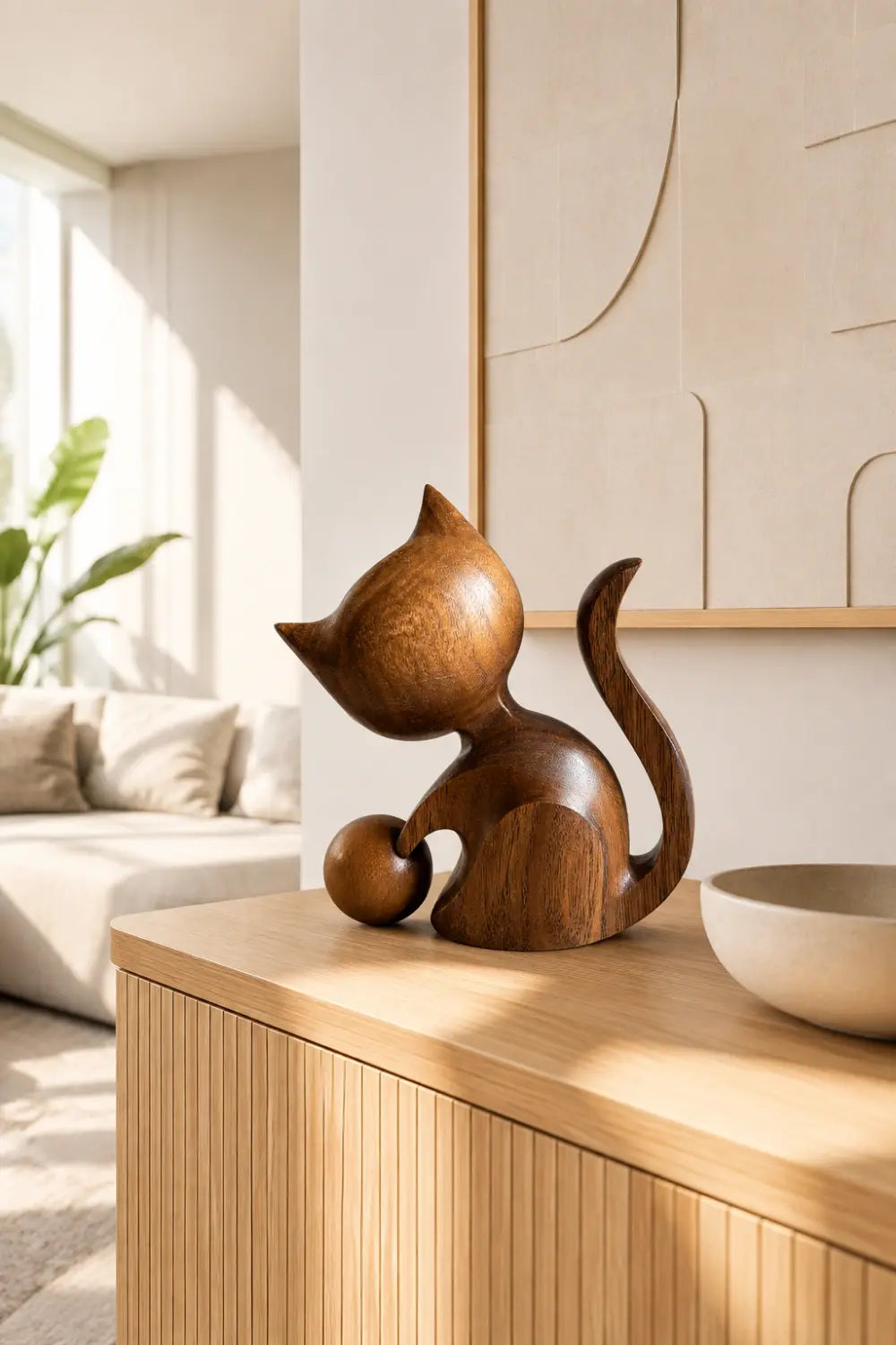 Carved Wooden Cat Figurine With Ball | Playful Decor Gift