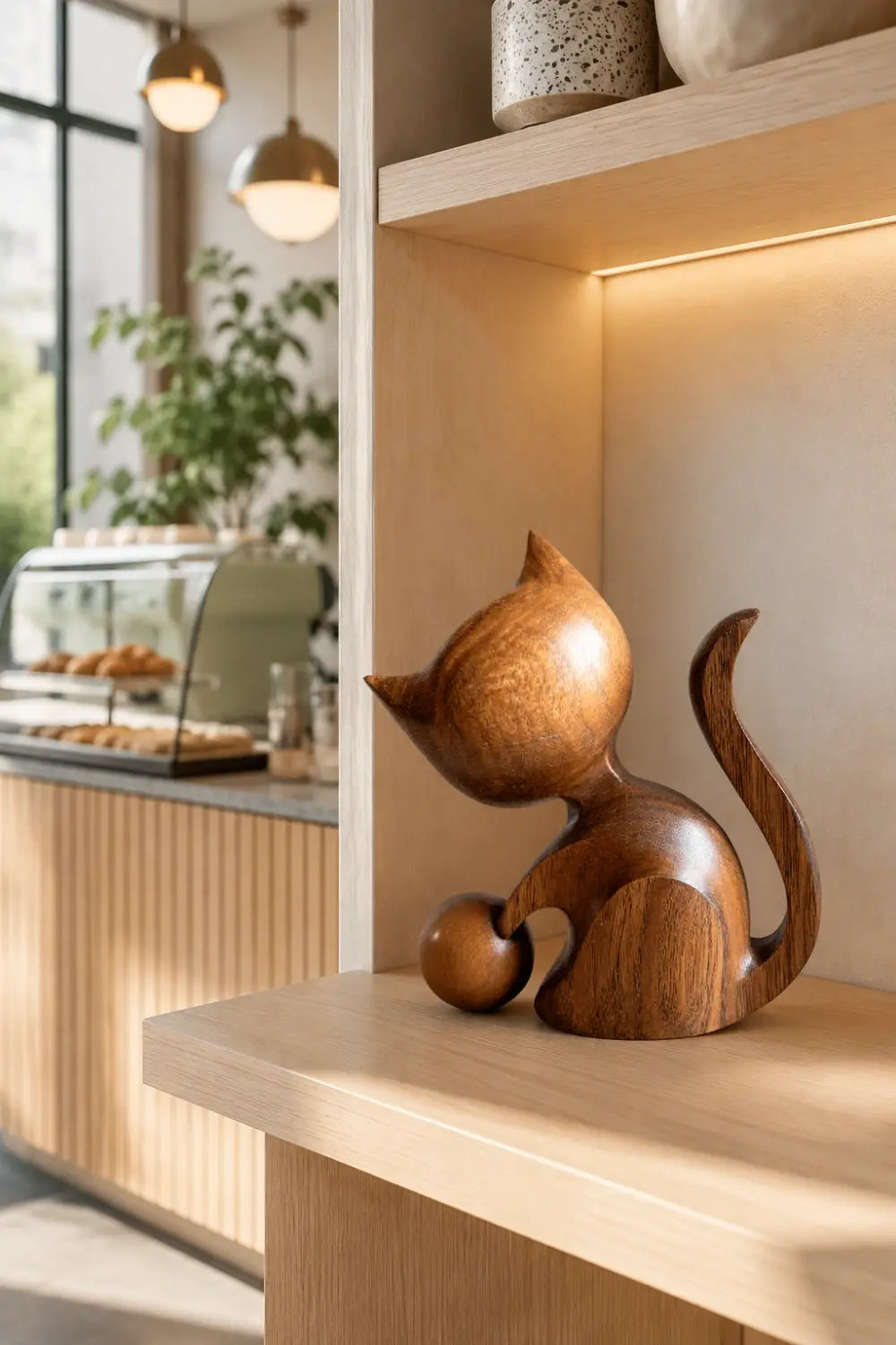 Carved Wooden Cat Figurine With Ball | Playful Decor Gift