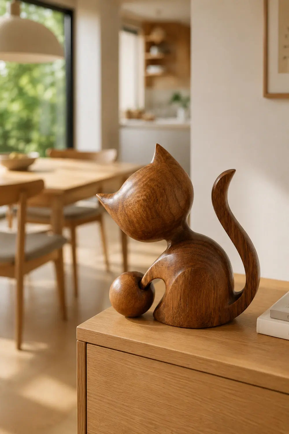 Carved Wooden Cat Figurine With Ball | Playful Decor Gift