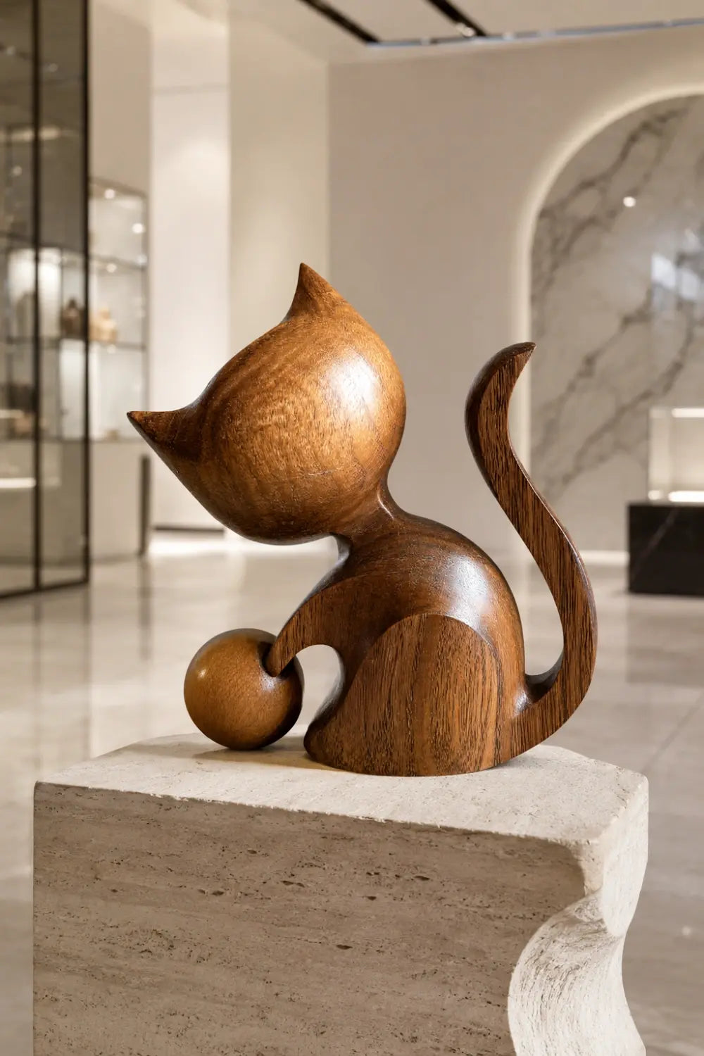 Carved Wooden Cat Figurine With Ball | Playful Decor Gift