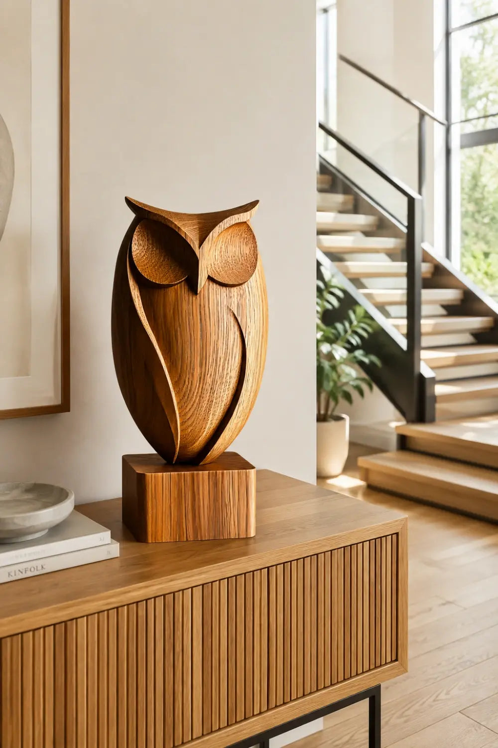 Modern Wood Carved Owl Statue | Aesthetic Bird Decoration Gift