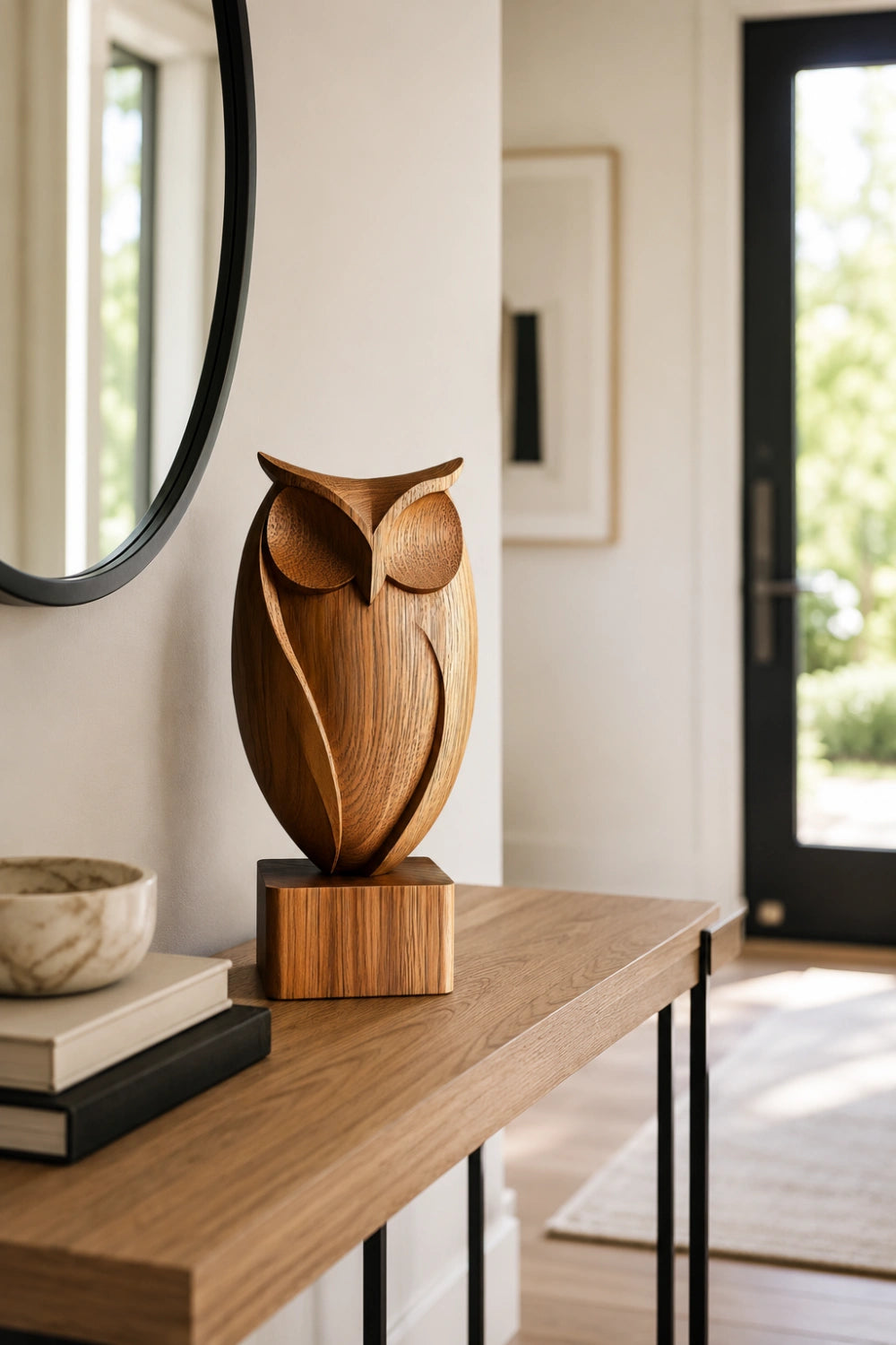 Modern Wood Carved Owl Statue | Aesthetic Bird Decoration Gift