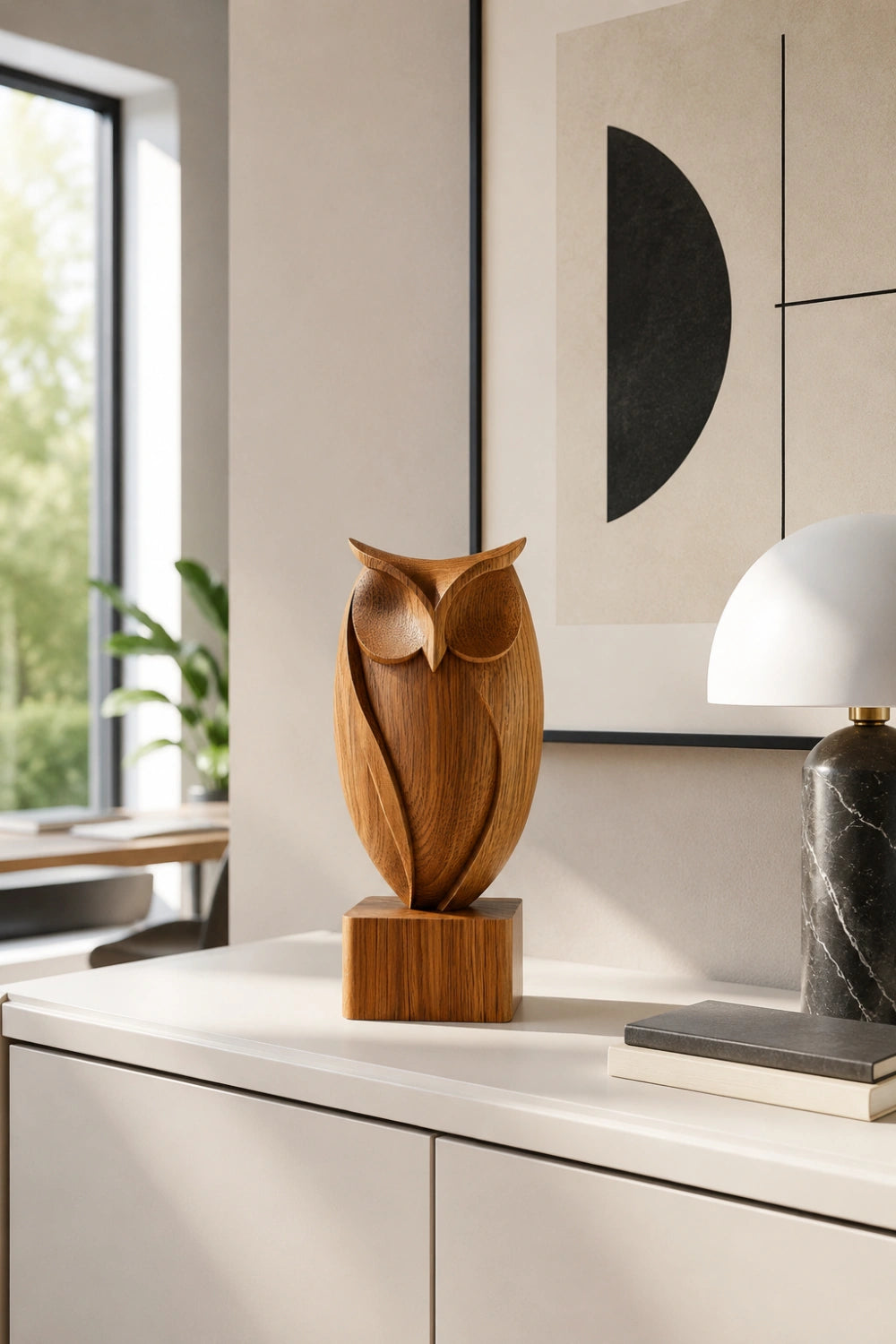 Modern Wood Carved Owl Statue | Aesthetic Bird Decoration Gift