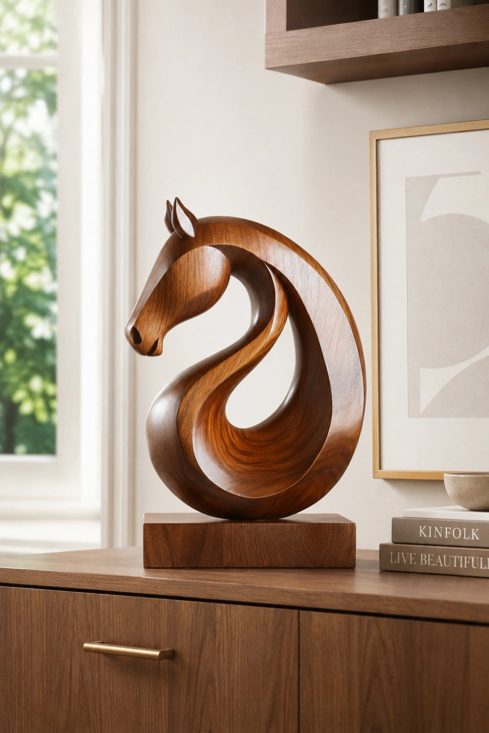 Carved Wood Horse Statue | Circular Loop Equestrian Decor Gift