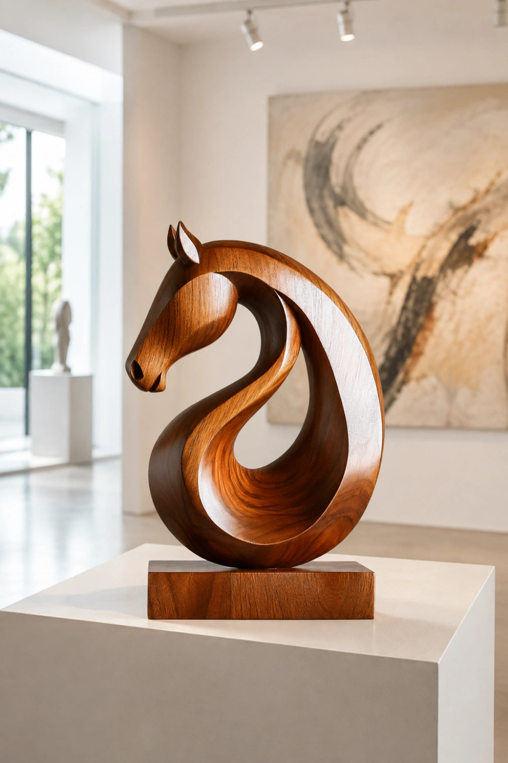 Carved Wood Horse Statue | Circular Loop Equestrian Decor Gift