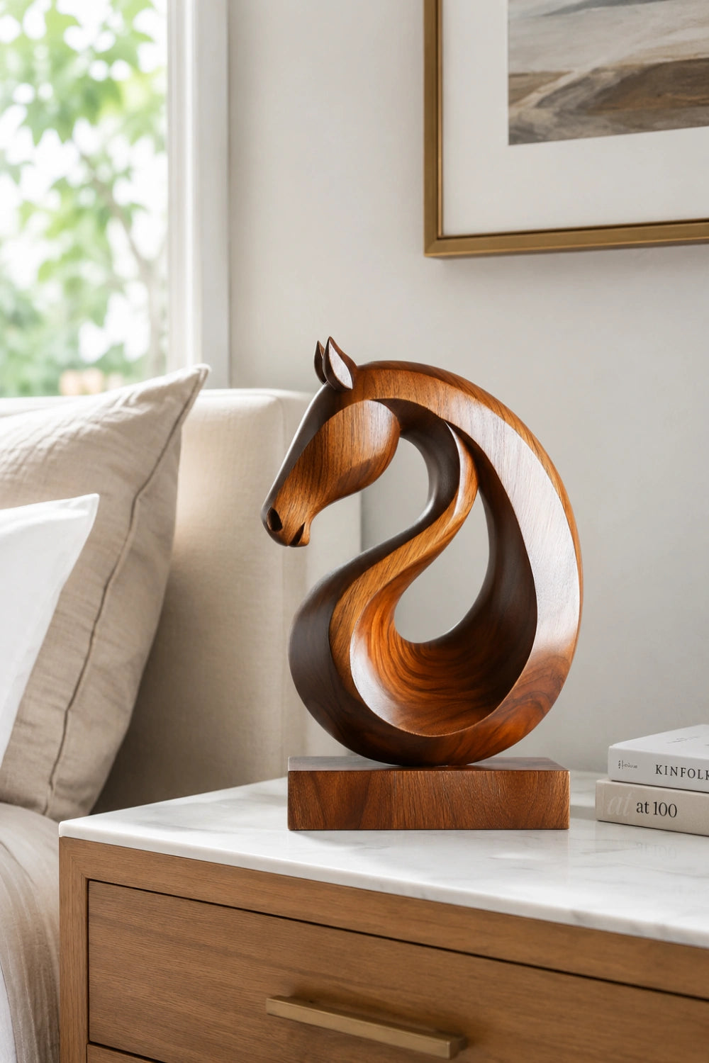Carved Wood Horse Statue | Circular Loop Equestrian Decor Gift