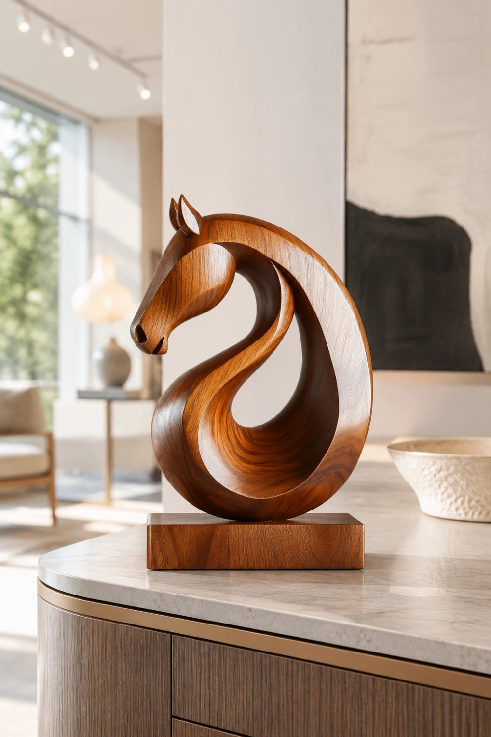 Carved Wood Horse Statue | Circular Loop Equestrian Decor Gift