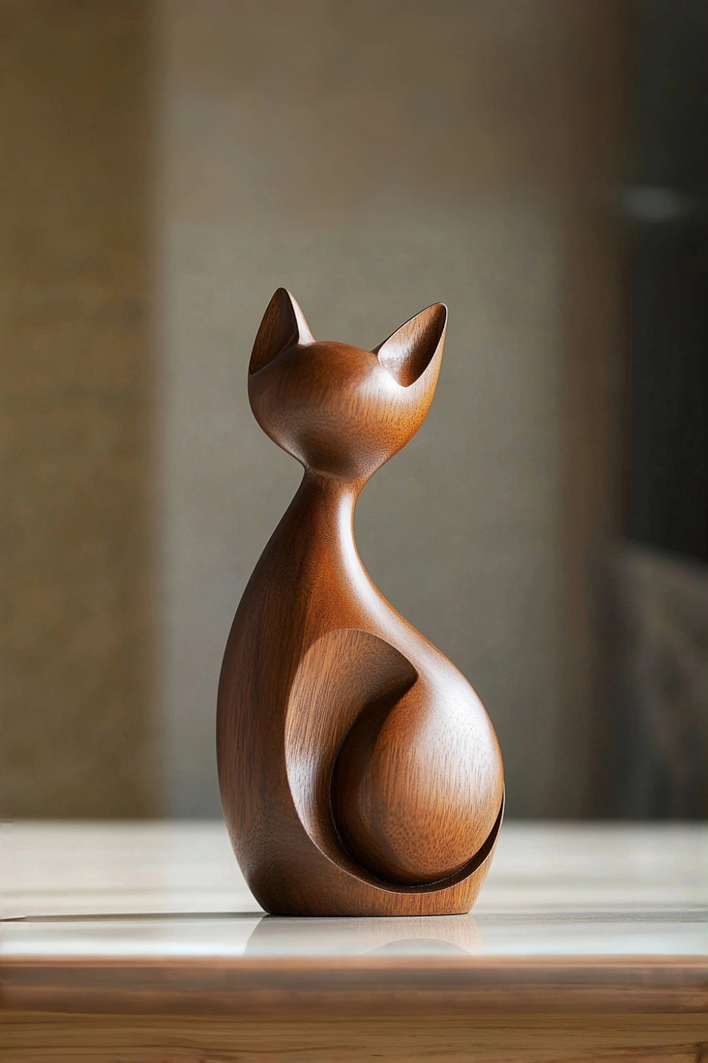 Minimalist Wooden Cat Sculpture | Modern Abstract Feline Figurine