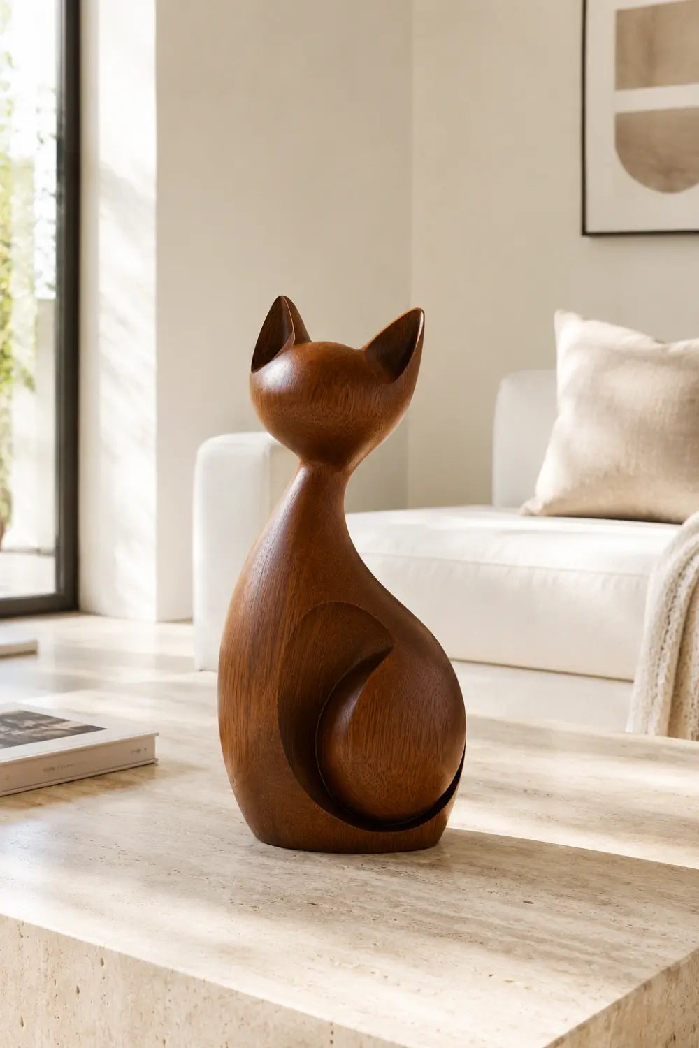 Minimalist Wooden Cat Sculpture | Modern Abstract Feline Figurine