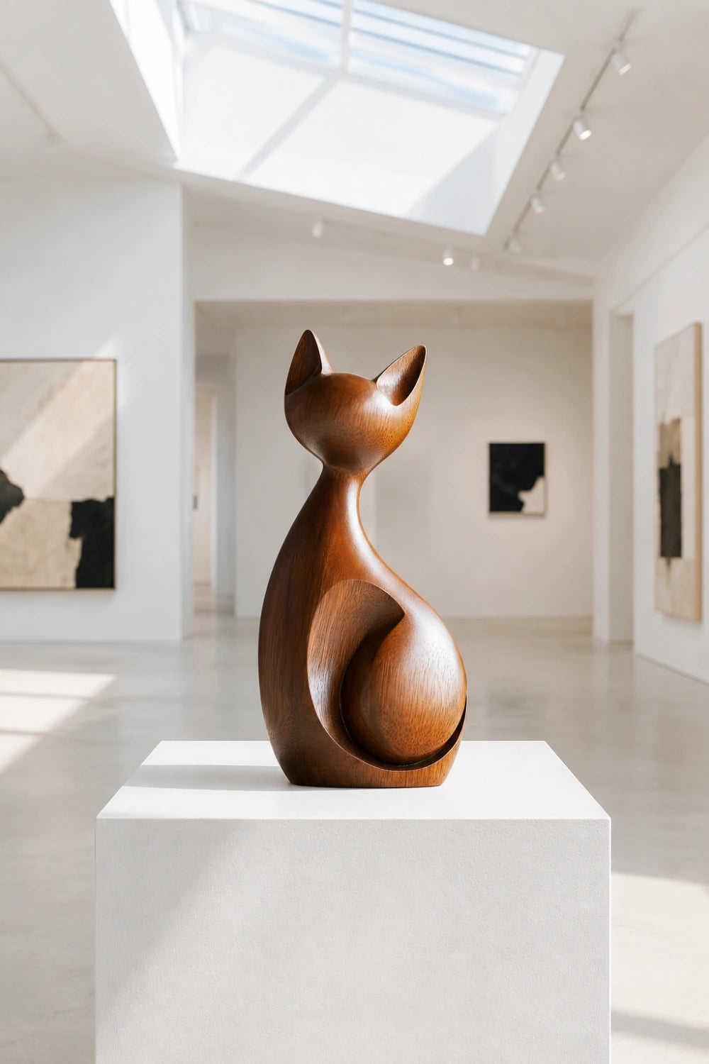 Minimalist Wooden Cat Sculpture | Modern Abstract Feline Figurine