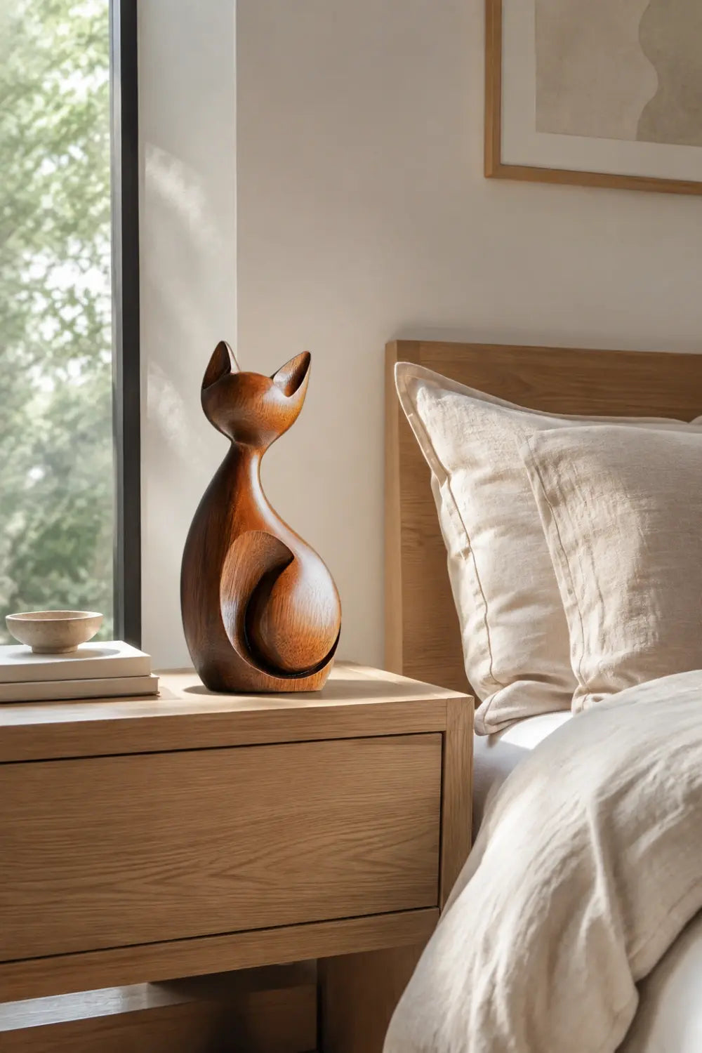 Minimalist Wooden Cat Sculpture | Modern Abstract Feline Figurine