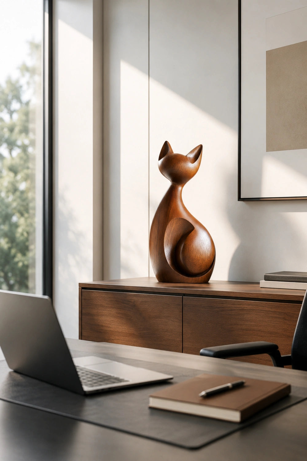 Minimalist Wooden Cat Sculpture | Modern Abstract Feline Figurine