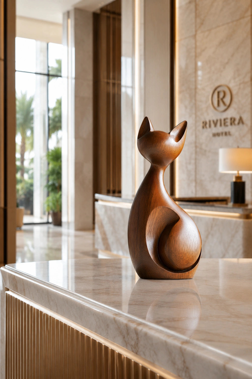 Minimalist Wooden Cat Sculpture | Modern Abstract Feline Figurine