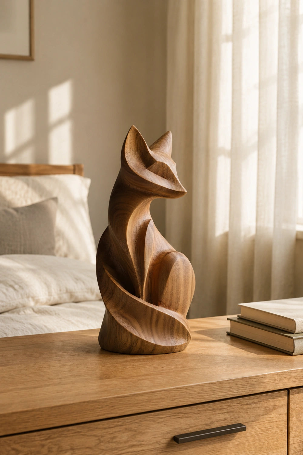 Modern Carved Wooden Fox Statue | Rustic Woodland Home Decor