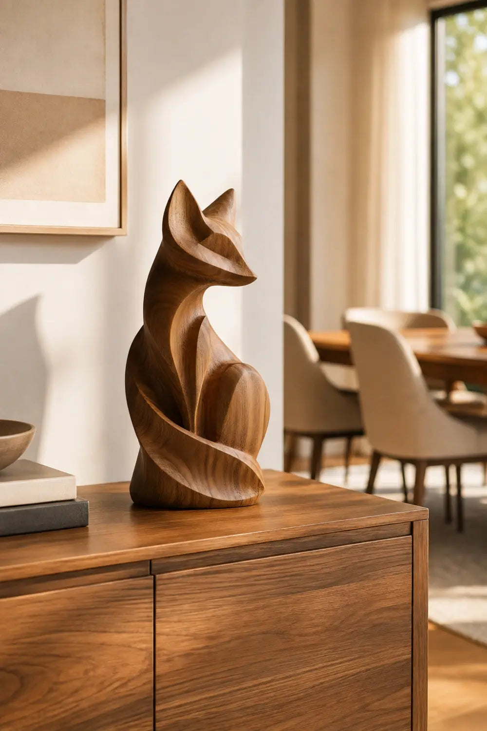 Modern Carved Wooden Fox Statue | Rustic Woodland Home Decor