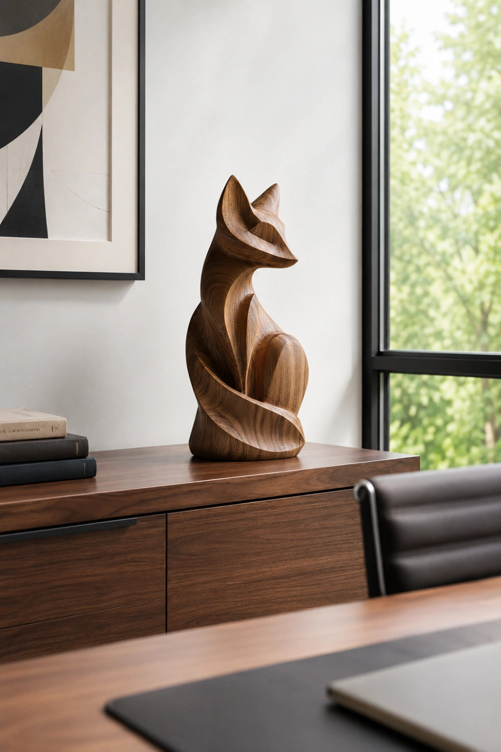 Modern Carved Wooden Fox Statue | Rustic Woodland Home Decor