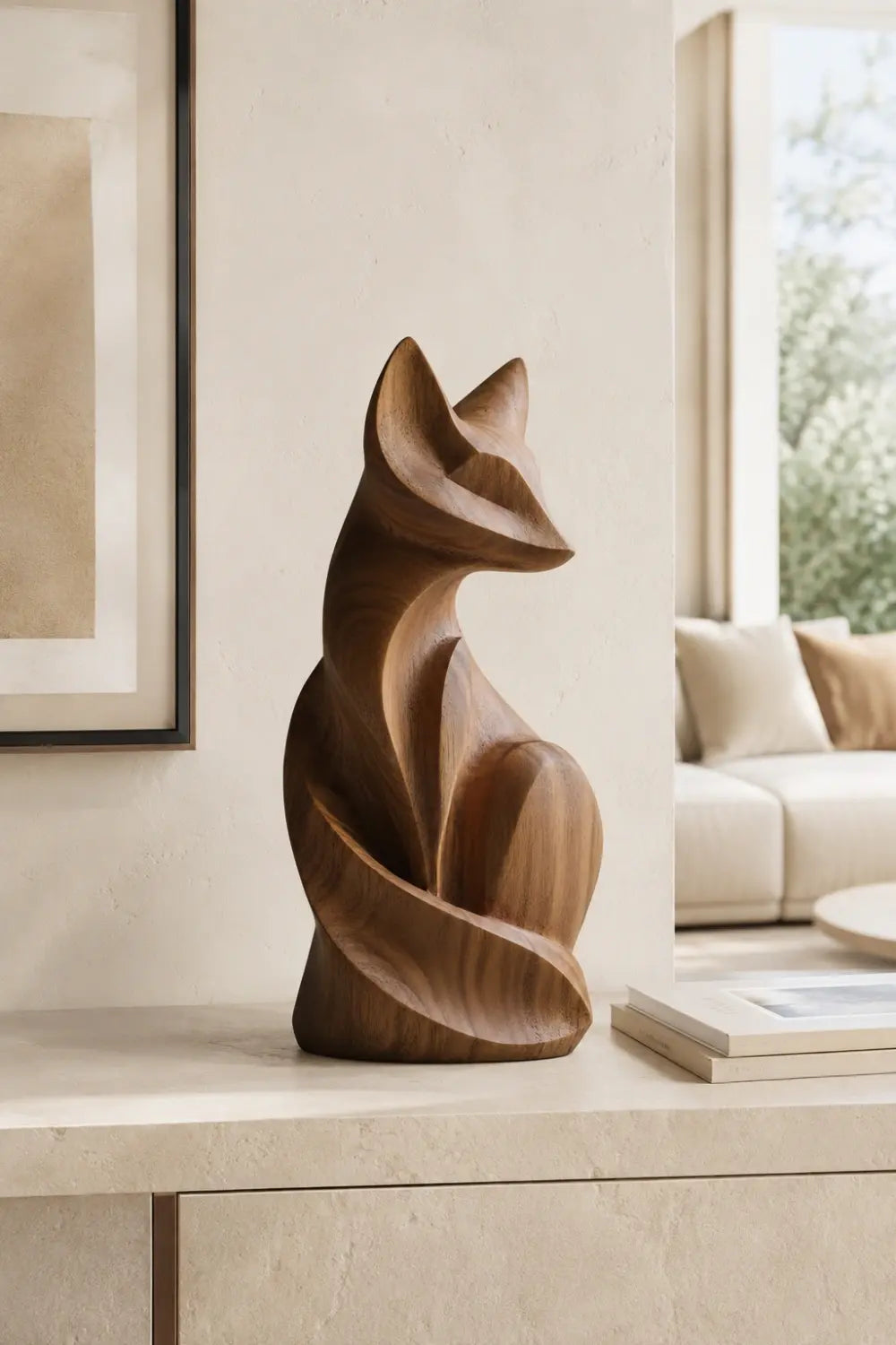 Modern Carved Wooden Fox Statue | Rustic Woodland Home Decor