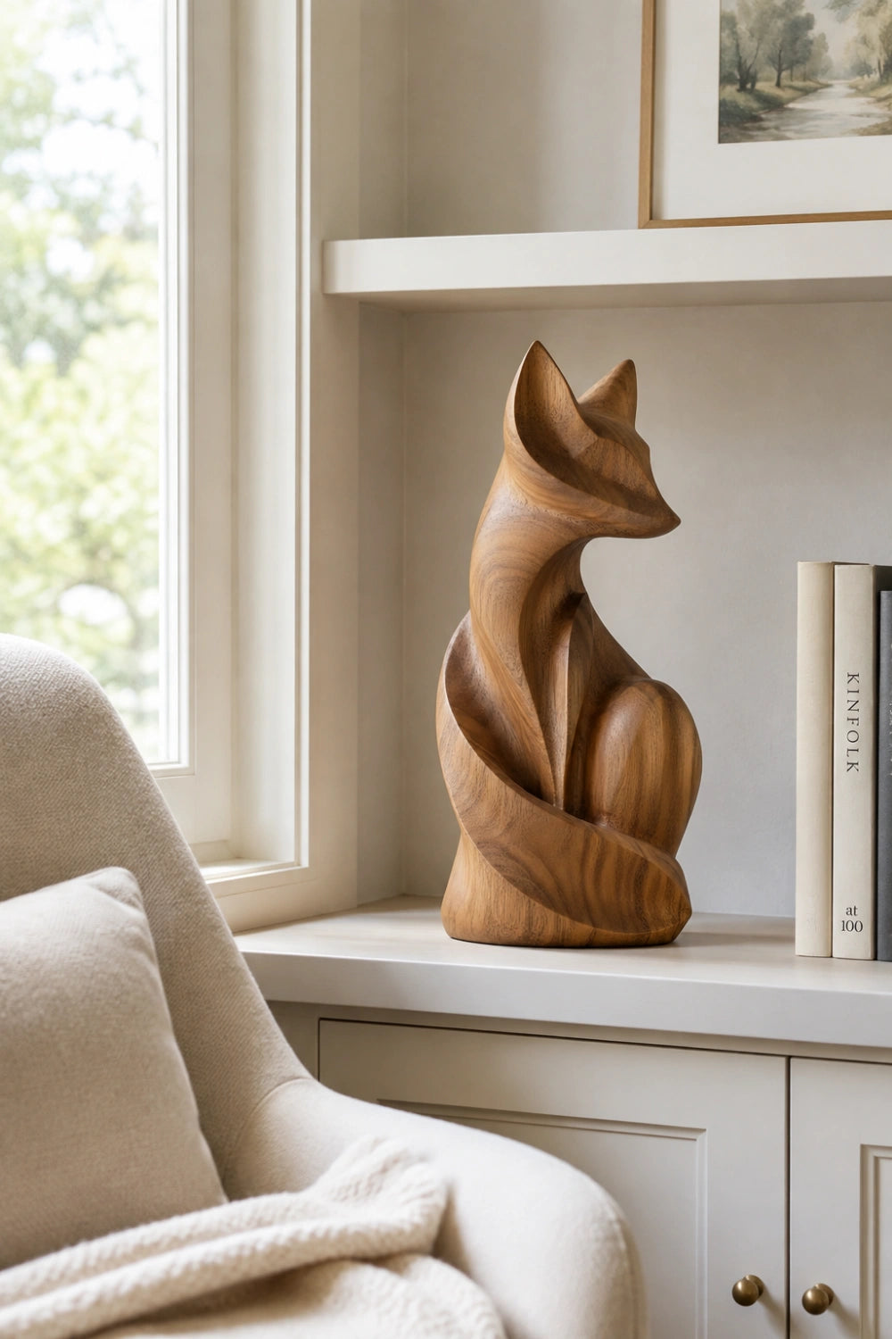 Modern Carved Wooden Fox Statue | Rustic Woodland Home Decor