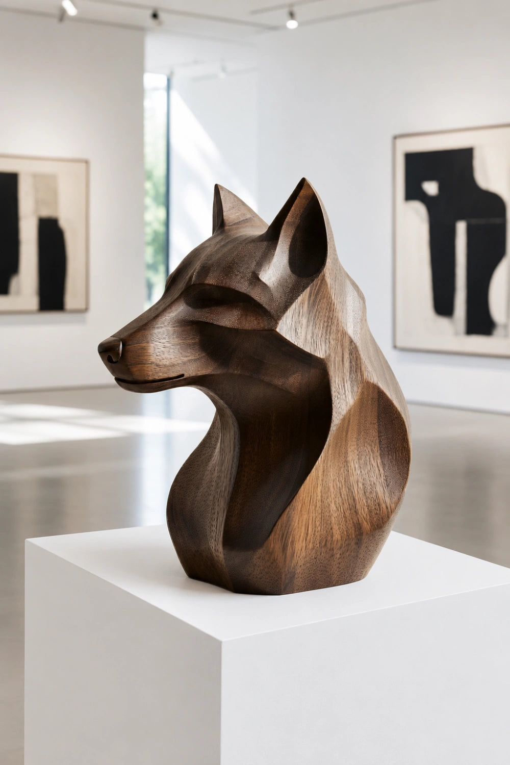 Geometric Wooden Wolf Head Bust | Carved Wildlife Office Decor