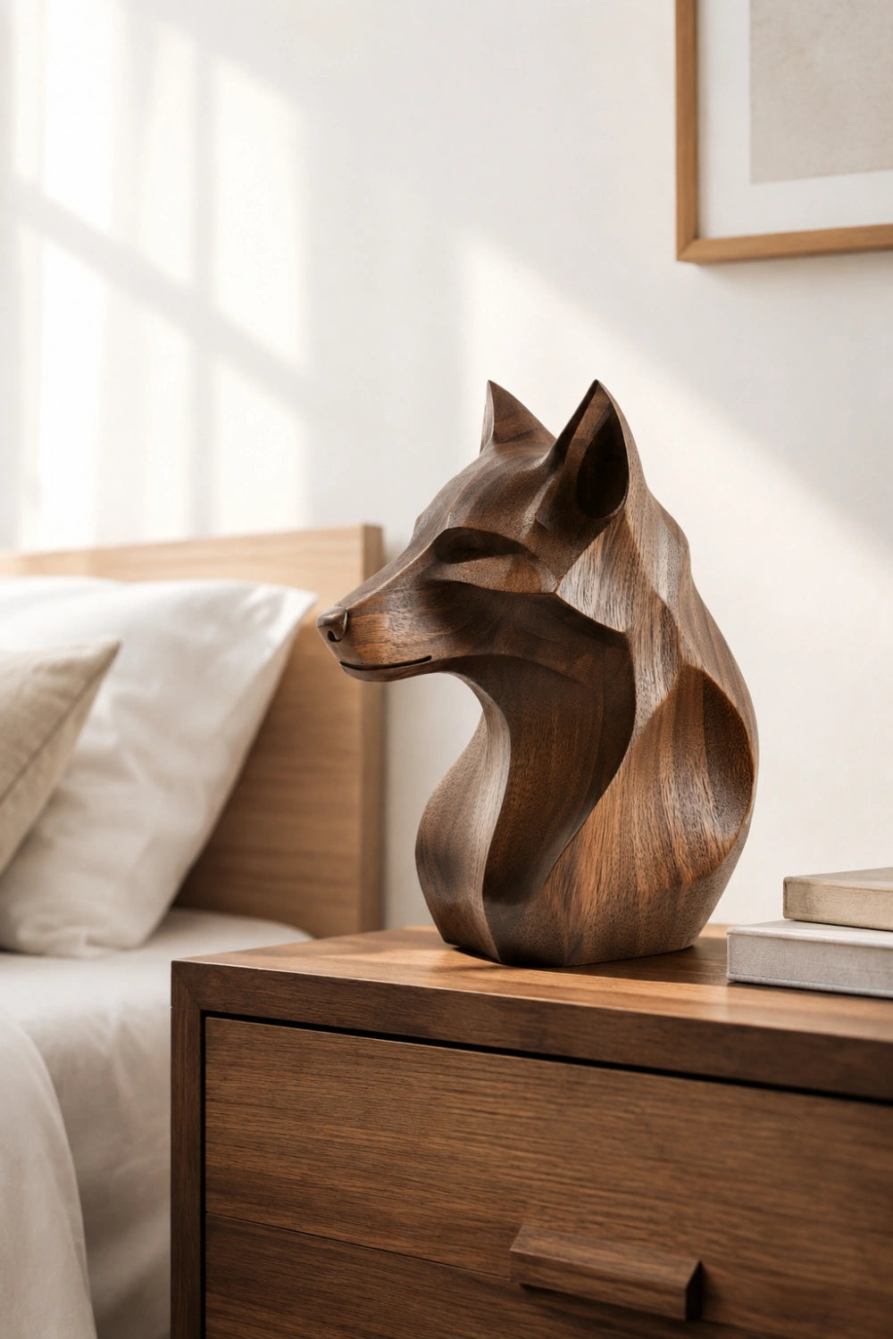 Geometric Wooden Wolf Head Bust | Carved Wildlife Office Decor
