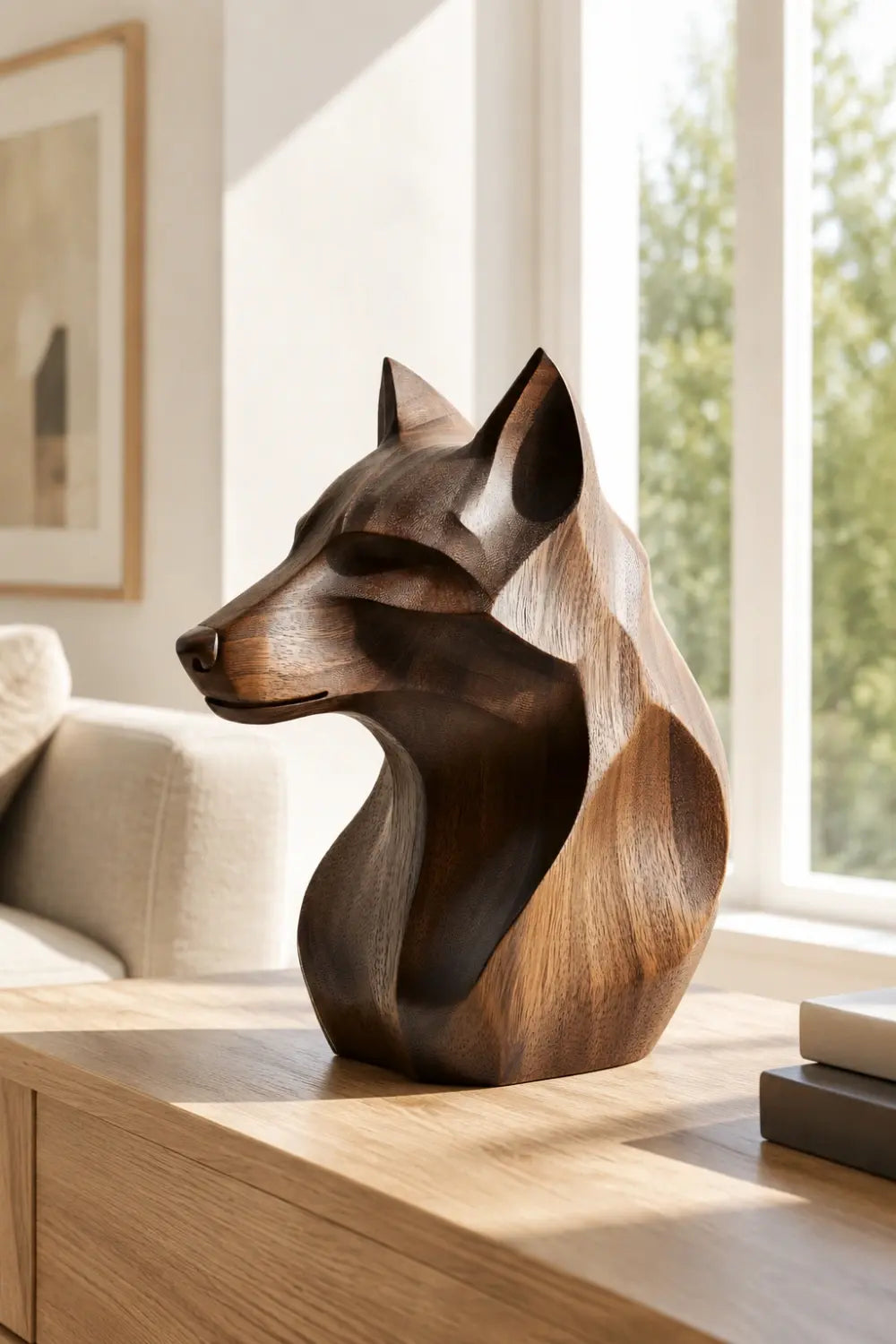 Geometric Wooden Wolf Head Bust | Carved Wildlife Office Decor