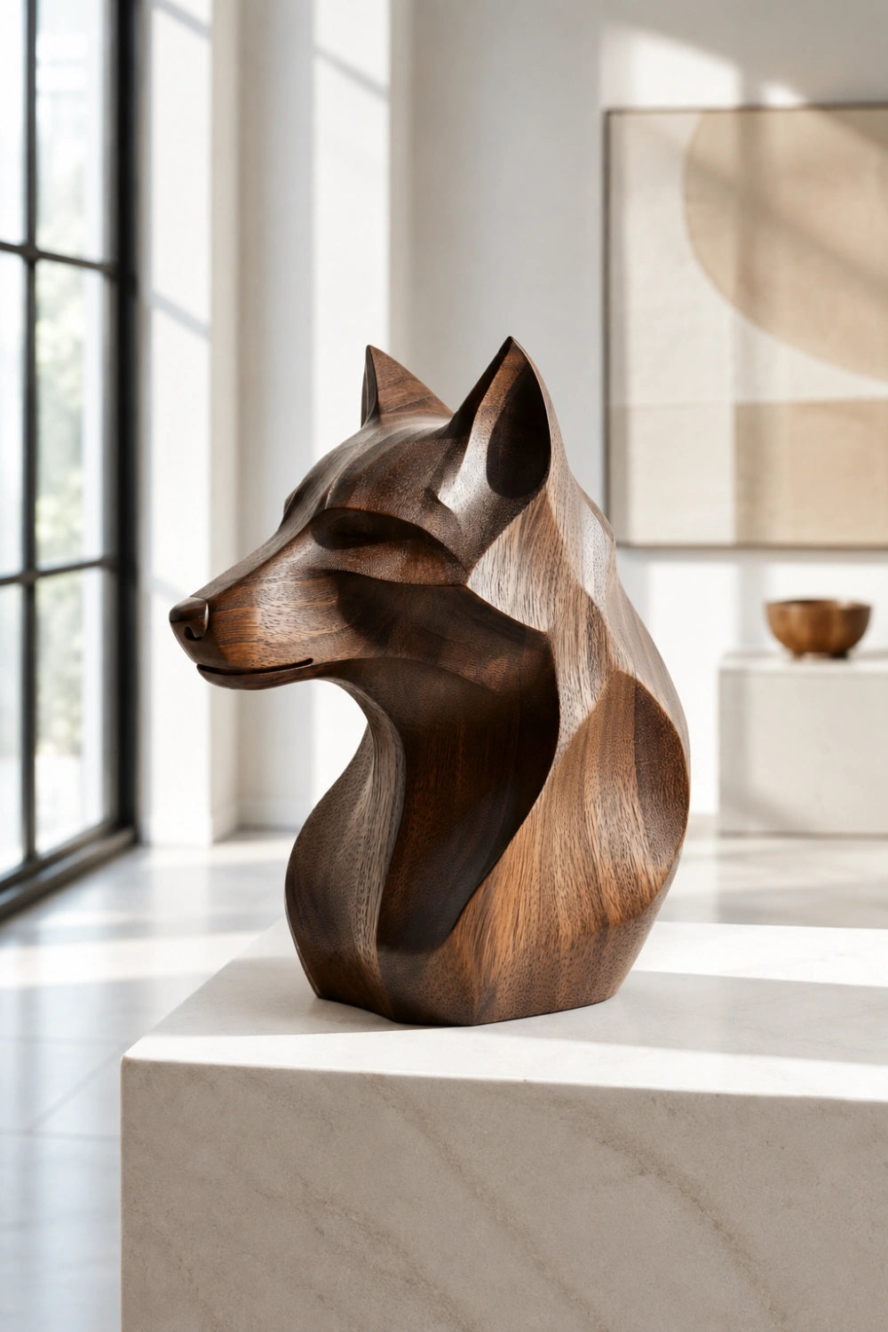 Geometric Wooden Wolf Head Bust | Carved Wildlife Office Decor