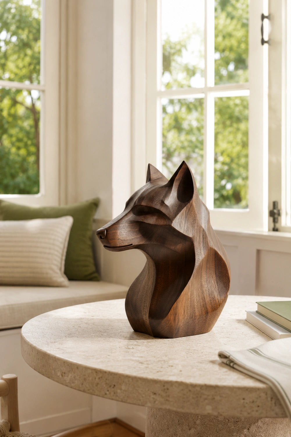 Geometric Wooden Wolf Head Bust | Carved Wildlife Office Decor