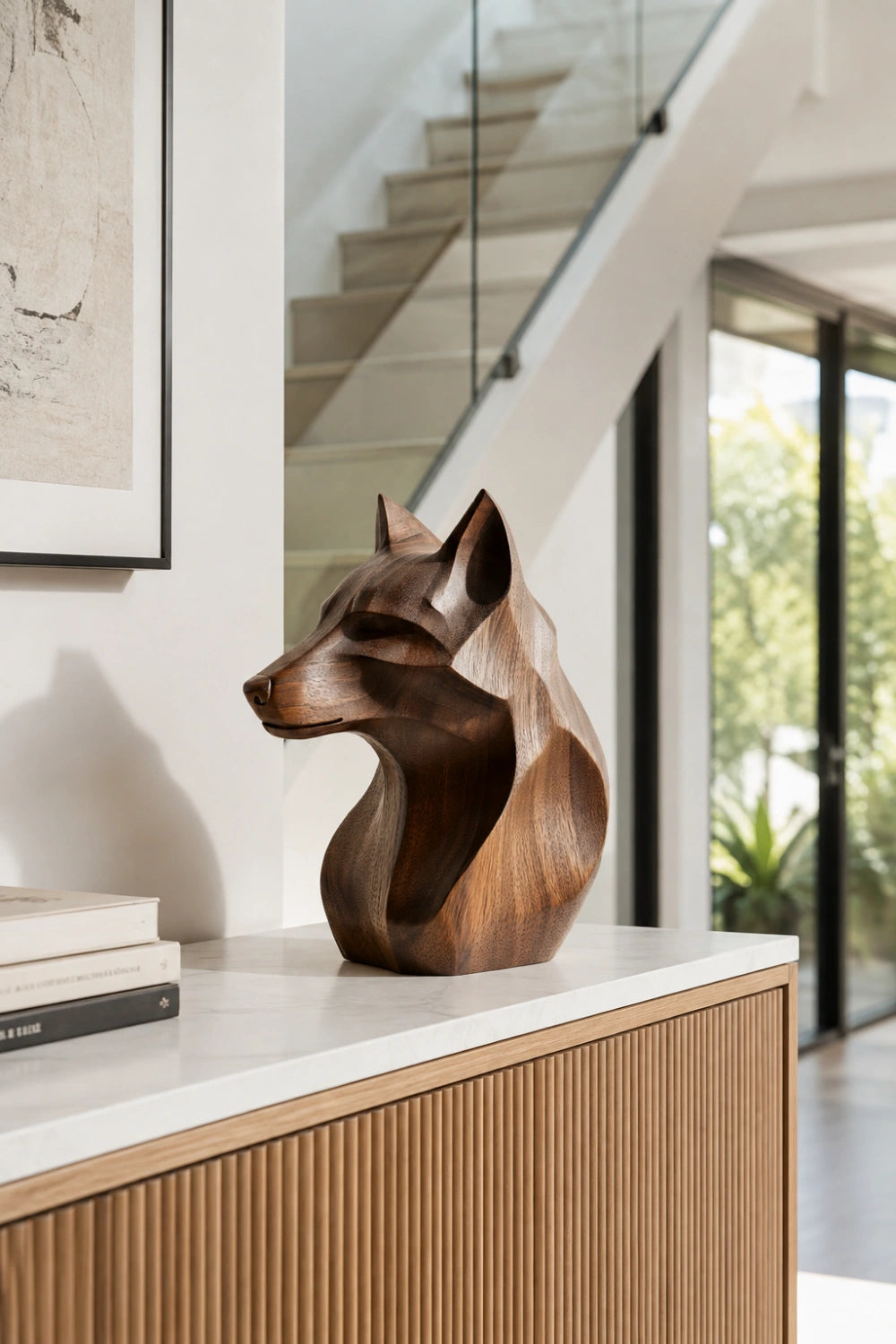 Geometric Wooden Wolf Head Bust | Carved Wildlife Office Decor