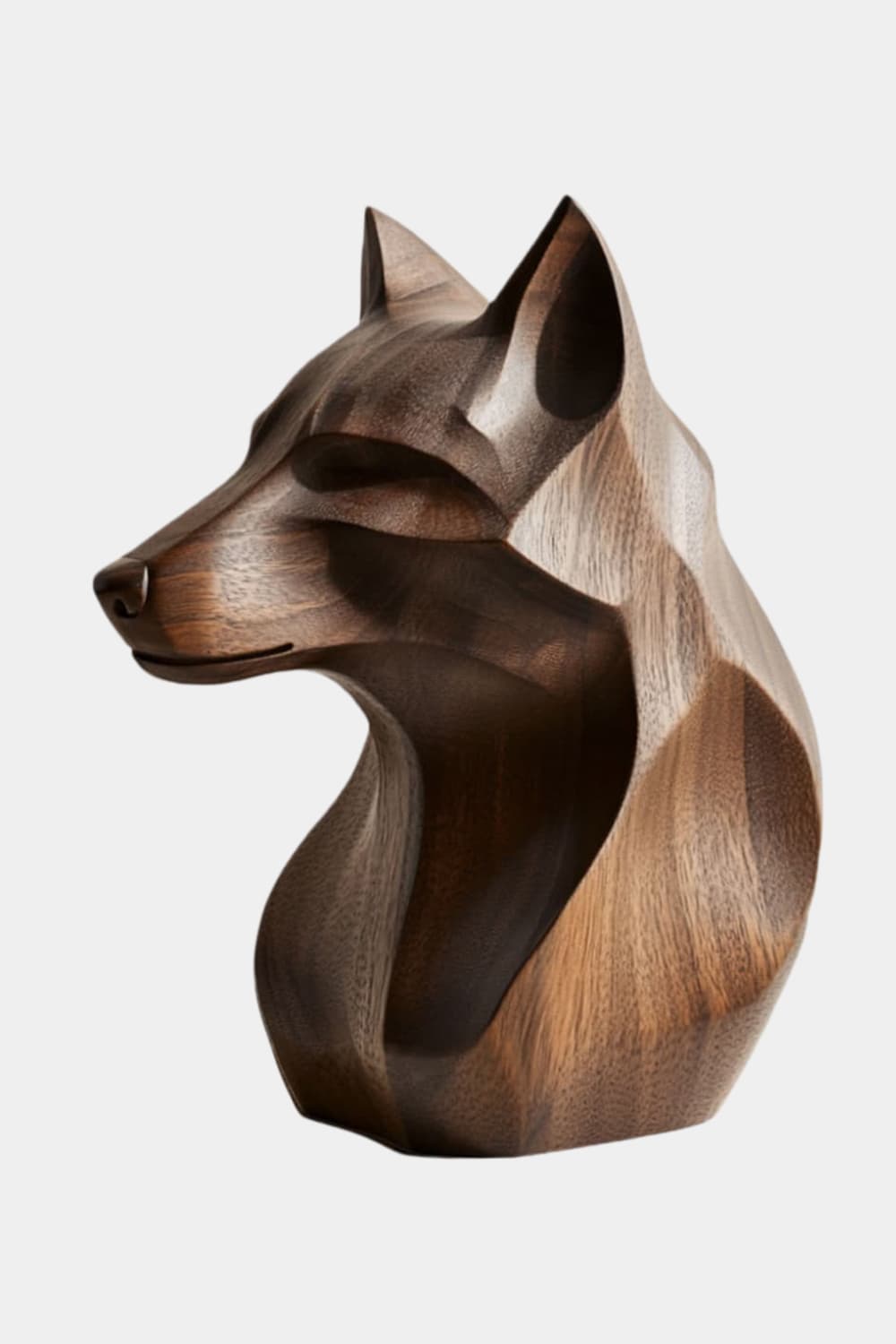 Geometric Wooden Wolf Head Bust | Carved Wildlife Office Decor
