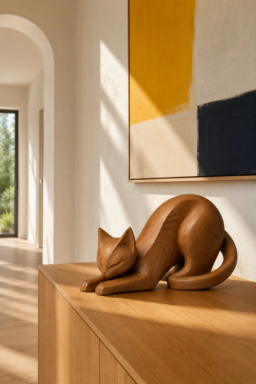 Stretching Wooden Cat Sculpture | Carved Feline Figurine Decor