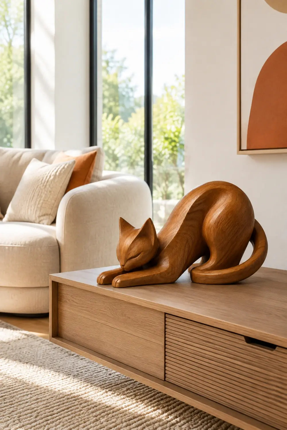 Stretching Wooden Cat Sculpture | Carved Feline Figurine Decor