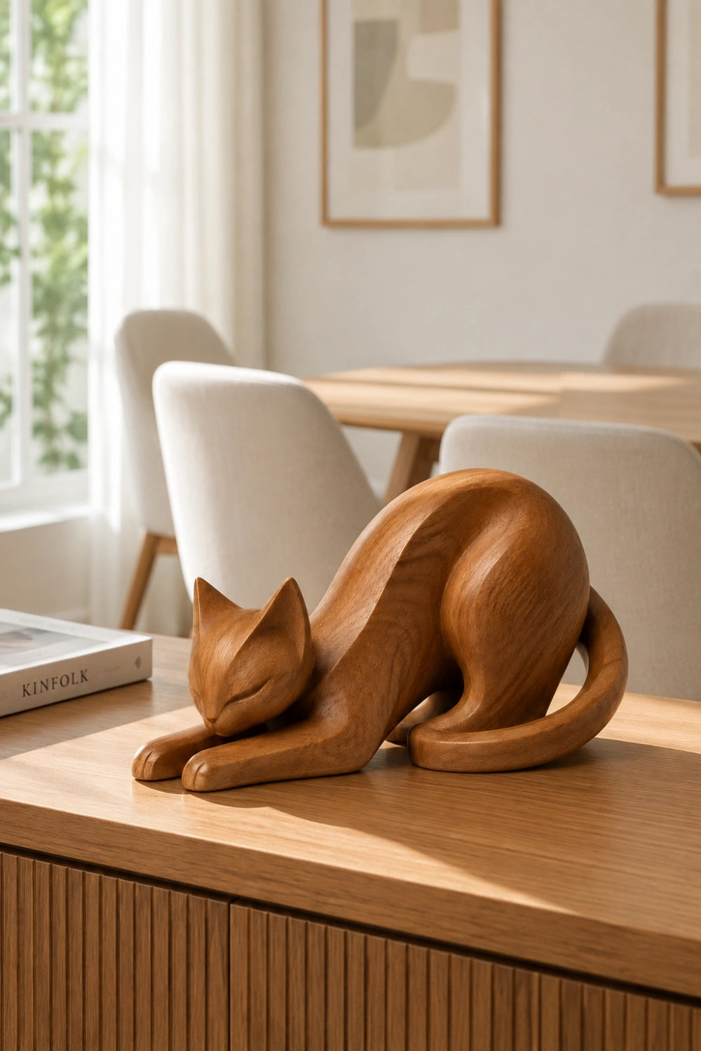 Stretching Wooden Cat Sculpture | Carved Feline Figurine Decor