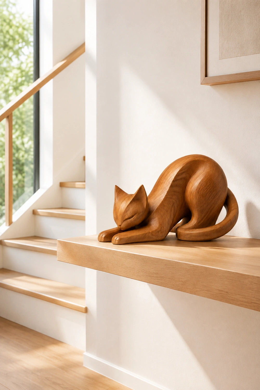 Stretching Wooden Cat Sculpture | Carved Feline Figurine Decor
