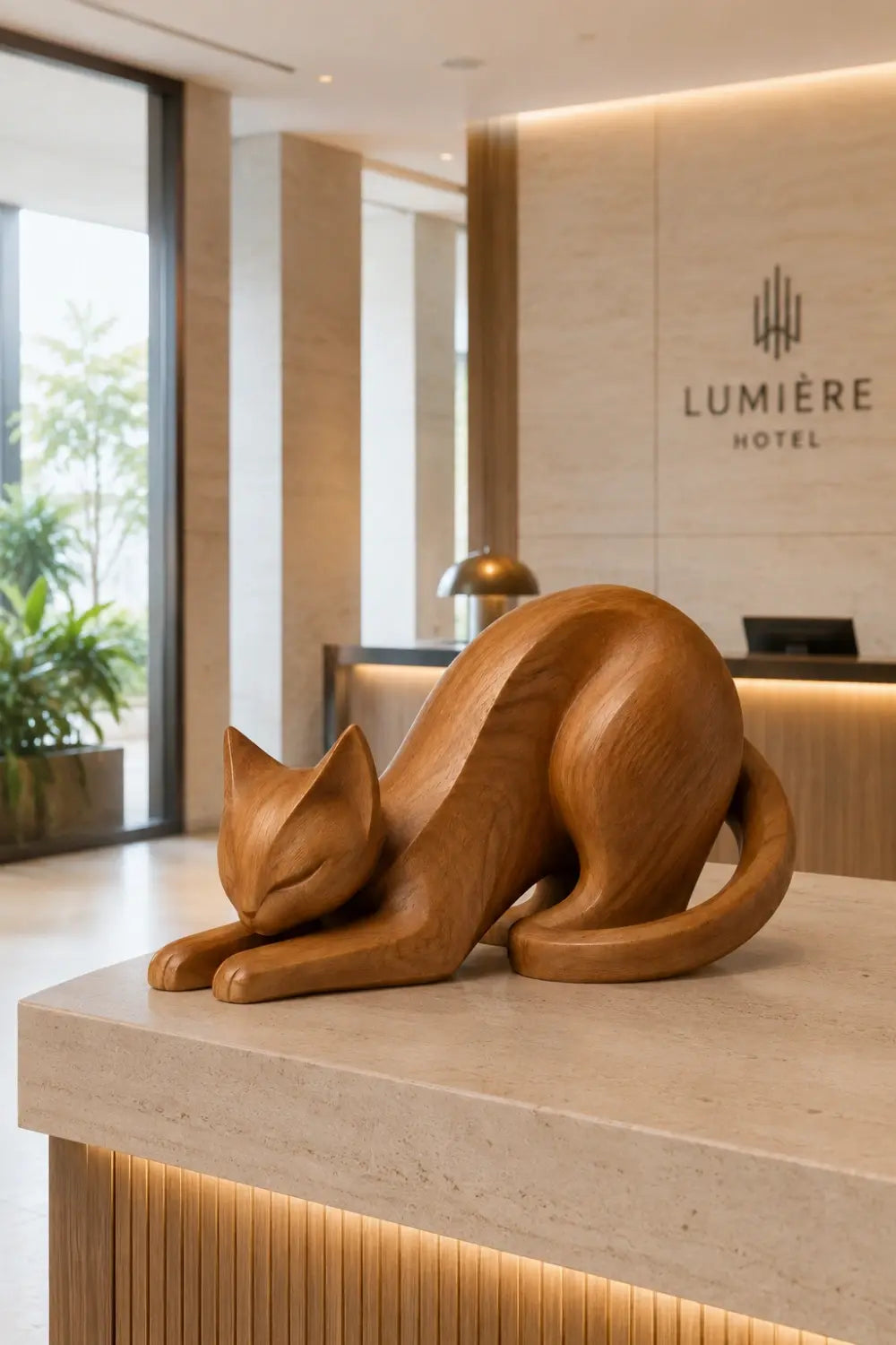 Stretching Wooden Cat Sculpture | Carved Feline Figurine Decor