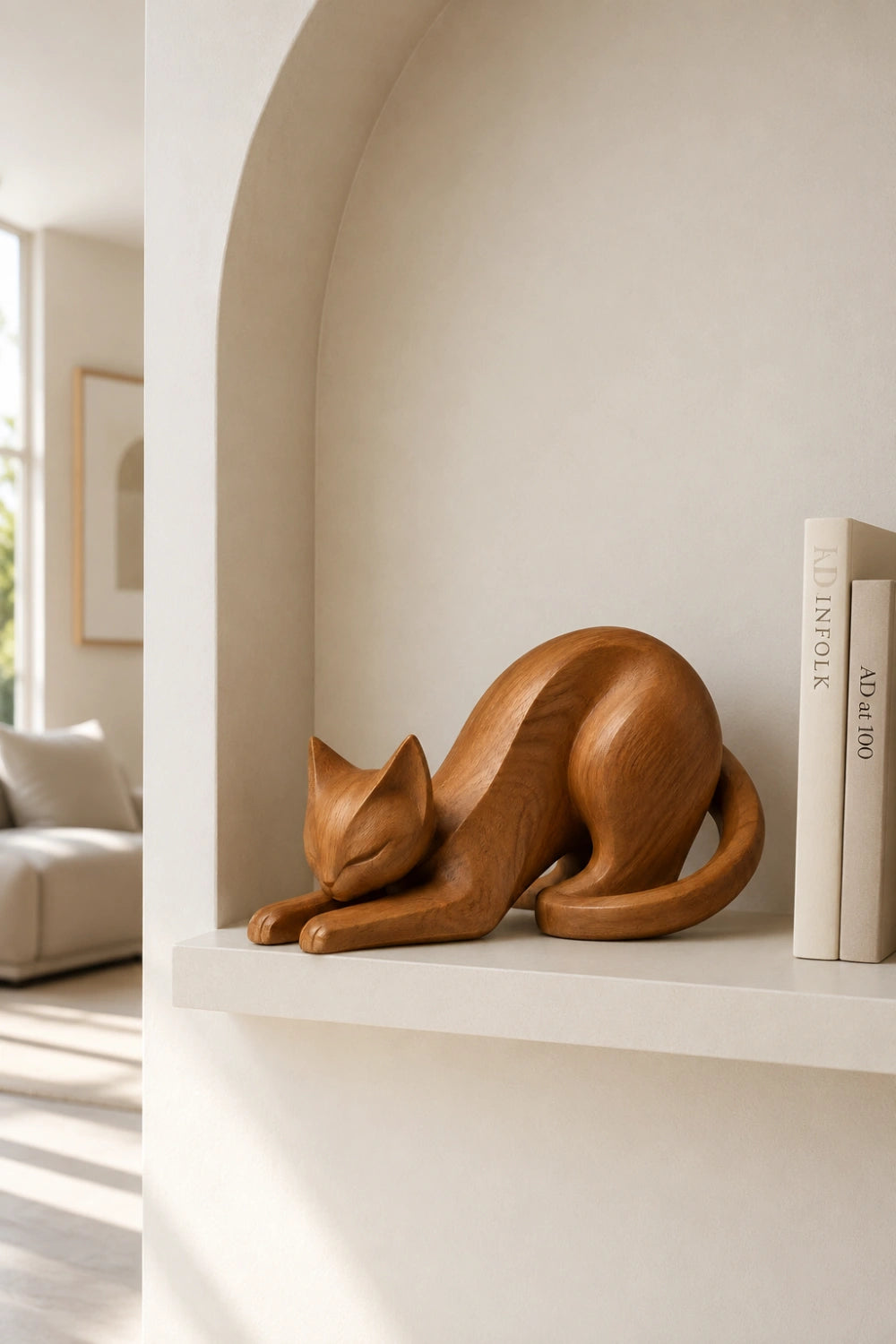 Stretching Wooden Cat Sculpture | Carved Feline Figurine Decor